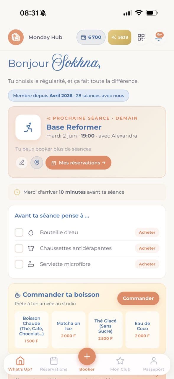 Écran What’s Up du hub Monday — Bonjour Sokhna, prochaine séance