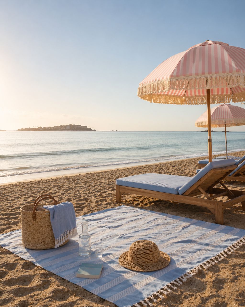 Plage au coucher du soleil — parasols rayés rose, transats et serviette avec chapeau de paille